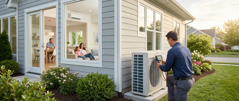 HVAC technician servicing outdoor air conditioner at suburban home while family relaxes indoors